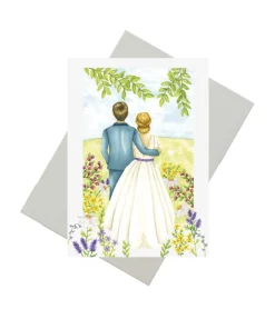 Bryllupskort – Brudepar med blomster, A6 Dobbeltkort