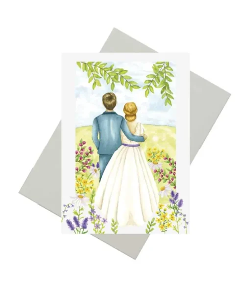Bryllupskort – Brudepar med blomster, A6 Dobbeltkort
