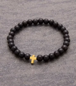By Gabay, Armbånd med træperler og Guldkors, Ø 21 cm