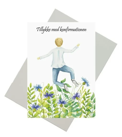 Dobbeltkort, Konfirmationskort m dreng i blomstermark, A6