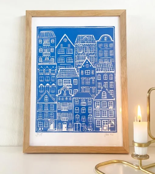 Linoleumstryk: I min faders hus er der mange boliger, A4 Plakat, Blå