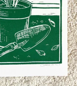 Linoleumstryk: Spiretid, A4 Plakat, Mørkgrøn