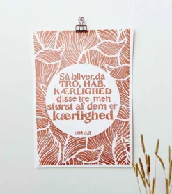 Linoleumstryk: Tro, Håb og Kærlighed, A3 Plakat, Okker